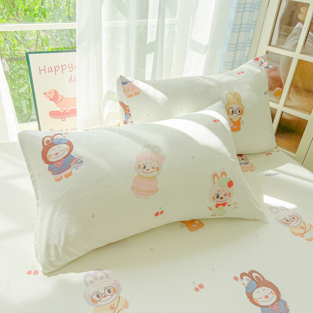 91家纺网 家纺一手货源 找家纺 （总）韩巢家纺 2025新款卡通双层纱床笠单品床笠床笠单件热销款防滑床单床套枕套三件套