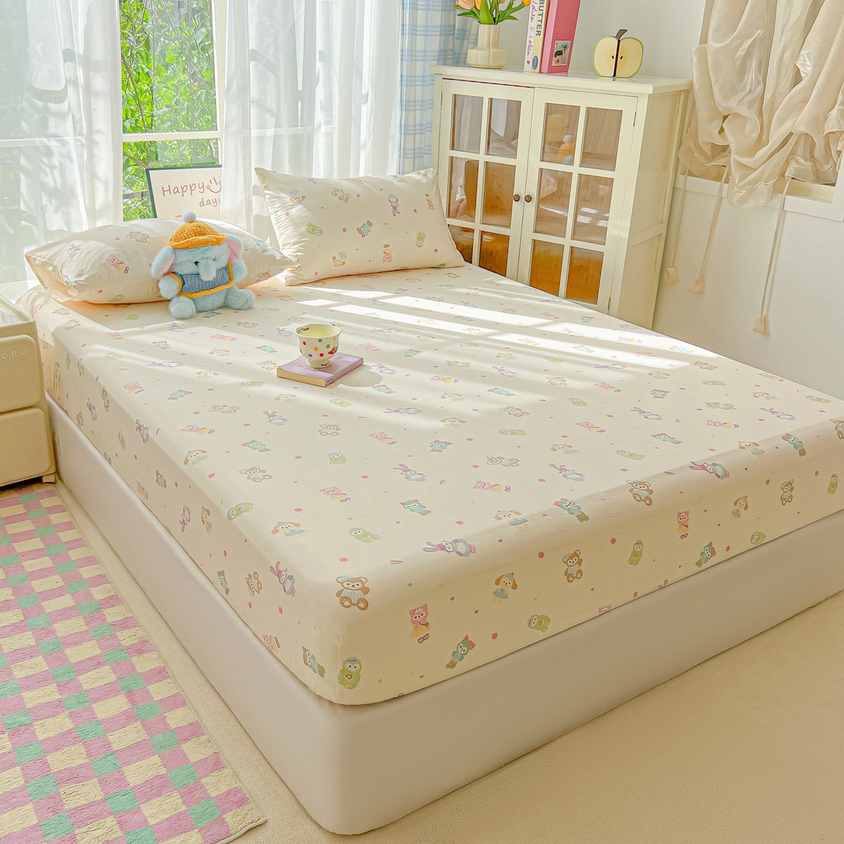 91家纺网 家纺一手货源 找家纺 韩巢家纺 2025新款卡通双层纱床笠单品床笠床笠单件热销款防滑床单床套枕套三件套 七宝