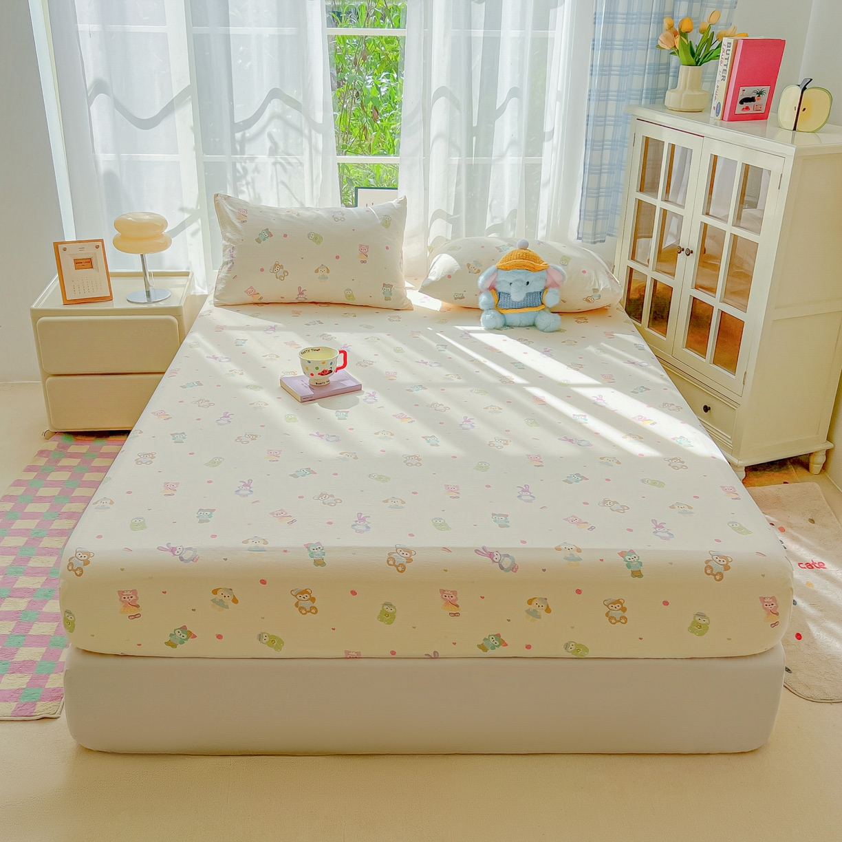 91家纺网 家纺一手货源 找家纺 韩巢家纺 2025新款卡通双层纱床笠单品床笠床笠单件热销款防滑床单床套枕套三件套 七宝