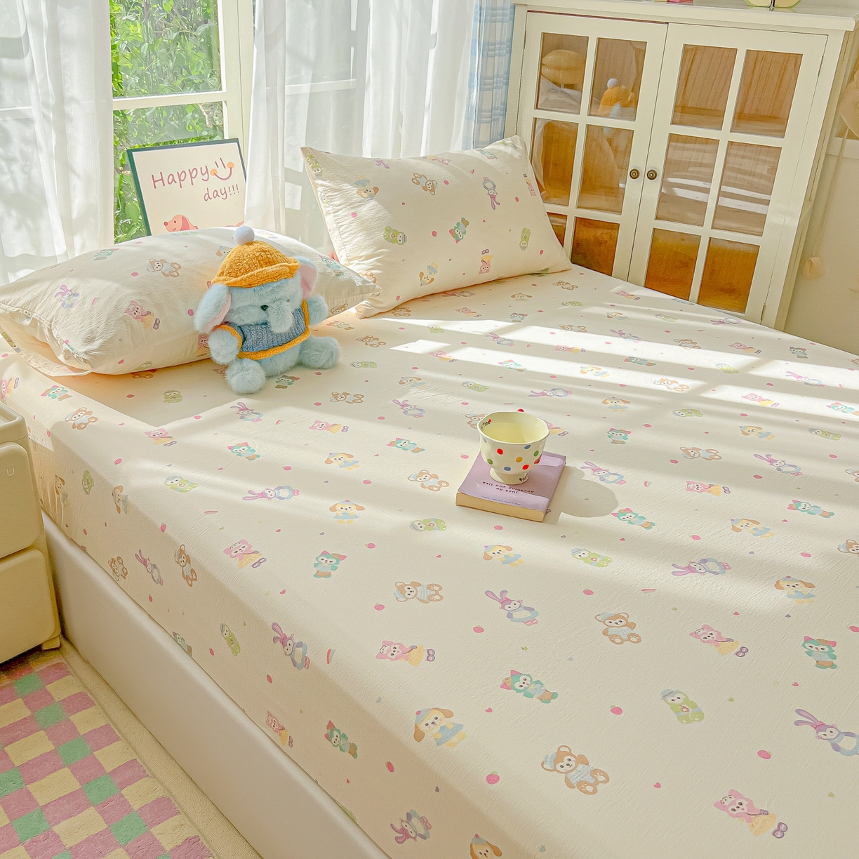 91家纺网 家纺一手货源 找家纺 韩巢家纺 2025新款卡通双层纱床笠单品床笠床笠单件热销款防滑床单床套枕套三件套 七宝