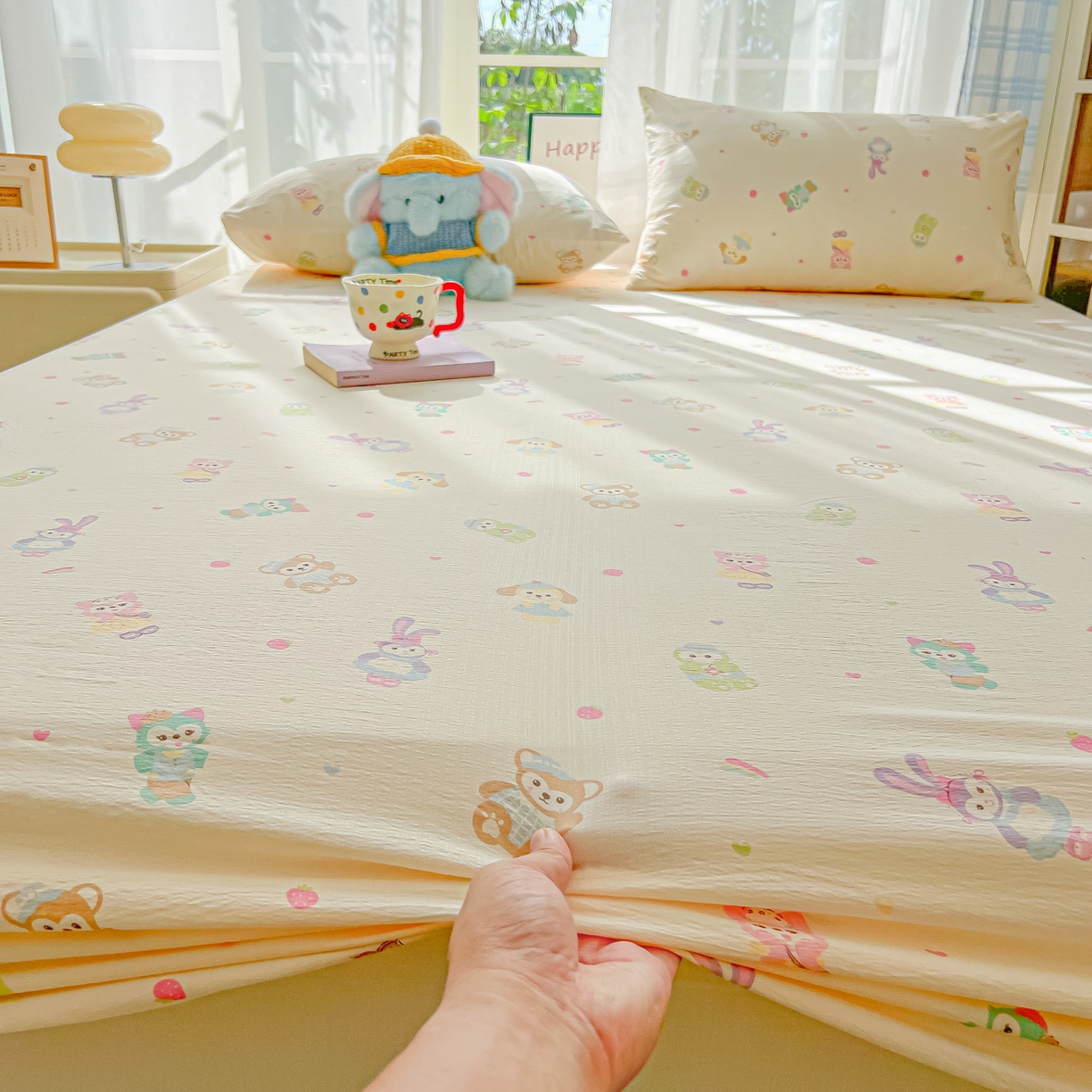 91家纺网 家纺一手货源 找家纺 韩巢家纺 2025新款卡通双层纱床笠单品床笠床笠单件热销款防滑床单床套枕套三件套 七宝