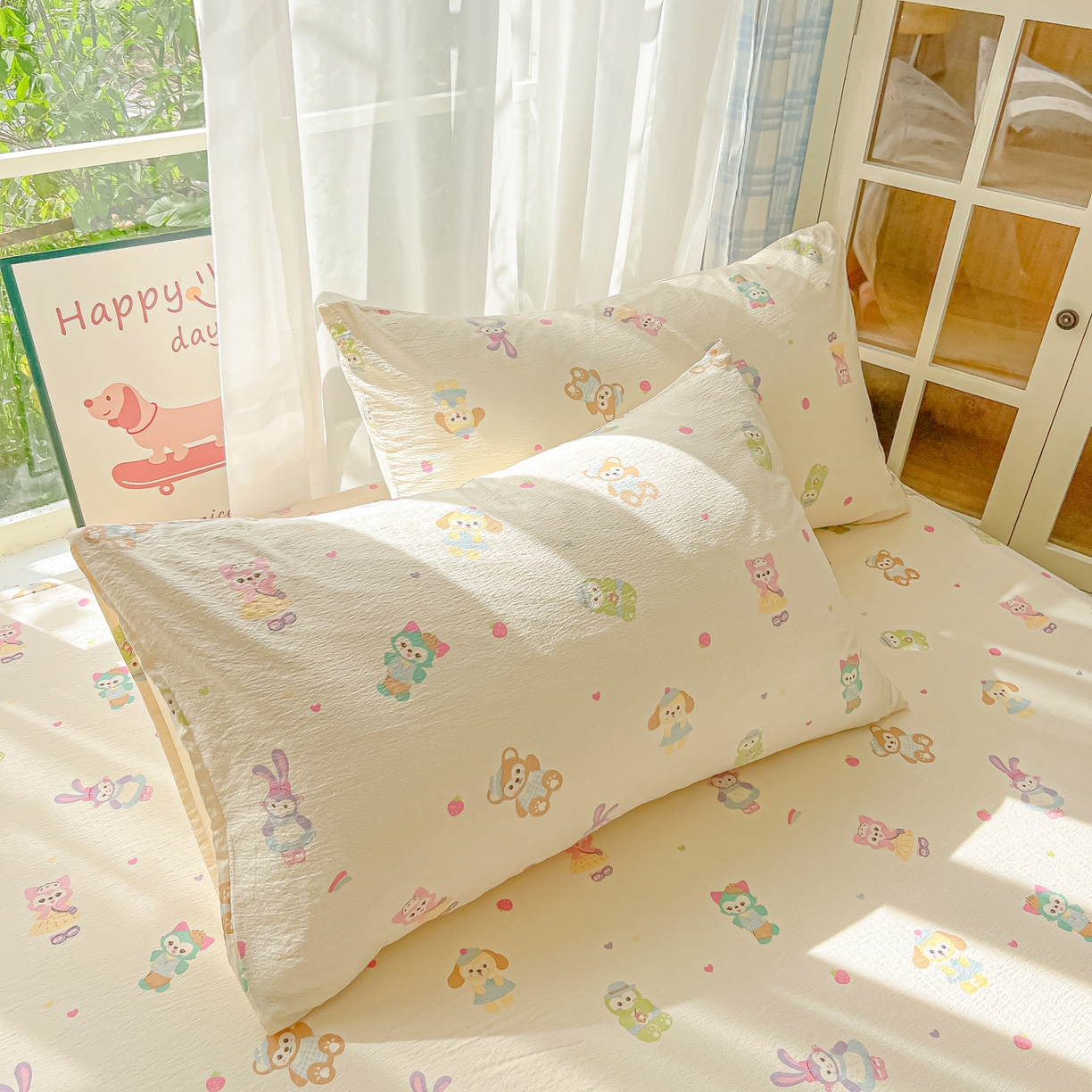 91家纺网 家纺一手货源 找家纺 韩巢家纺 2025新款卡通双层纱床笠单品床笠床笠单件热销款防滑床单床套枕套三件套 七宝