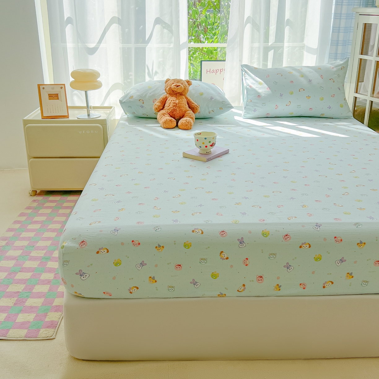 91家纺网 家纺一手货源 找家纺 韩巢家纺 2025新款卡通双层纱床笠单品床笠床笠单件热销款防滑床单床套枕套三件套 绒毛摇滚