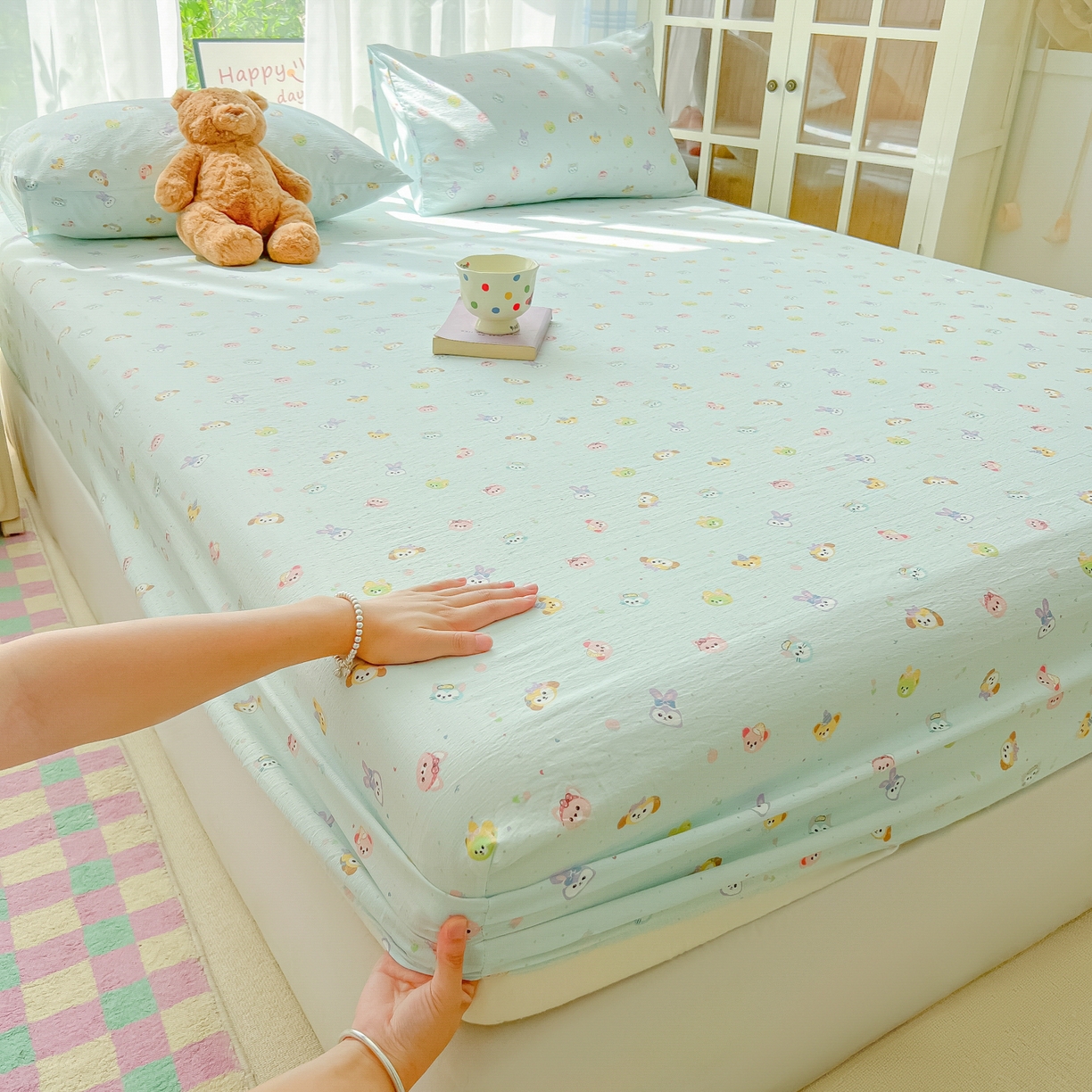 91家纺网 家纺一手货源 找家纺 韩巢家纺 2025新款卡通双层纱床笠单品床笠床笠单件热销款防滑床单床套枕套三件套 绒毛摇滚