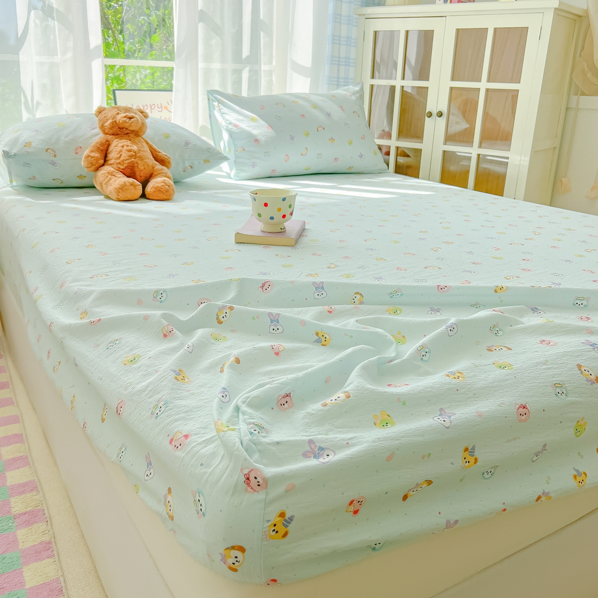 91家纺网 家纺一手货源 找家纺 韩巢家纺 2025新款卡通双层纱床笠单品床笠床笠单件热销款防滑床单床套枕套三件套 绒毛摇滚