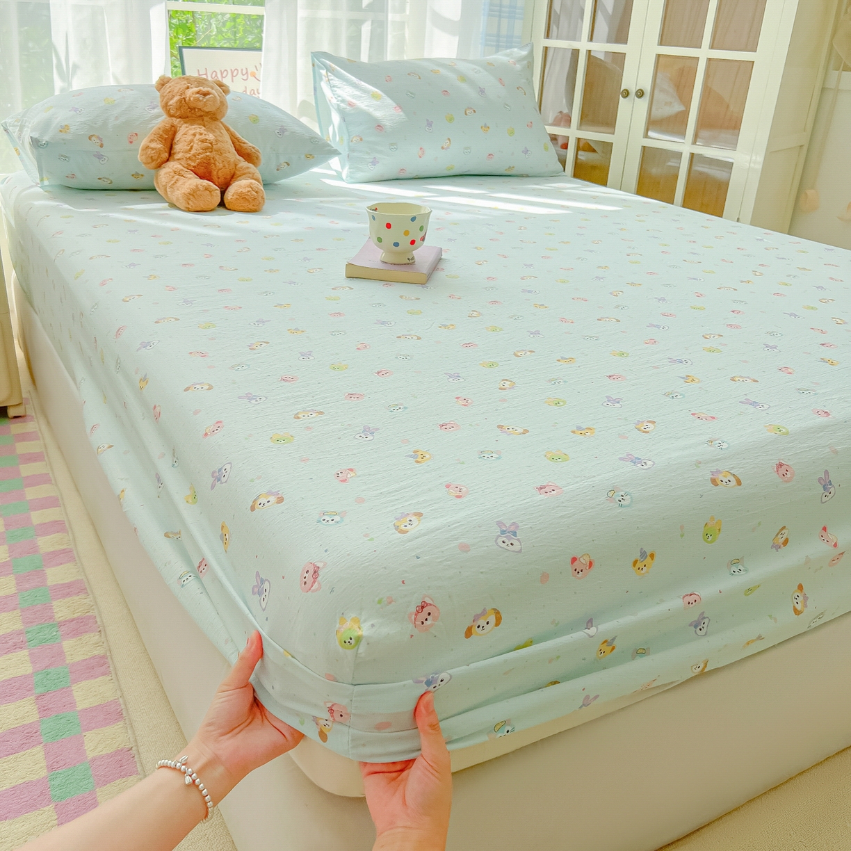 91家纺网 家纺一手货源 找家纺 韩巢家纺 2025新款卡通双层纱床笠单品床笠床笠单件热销款防滑床单床套枕套三件套 绒毛摇滚