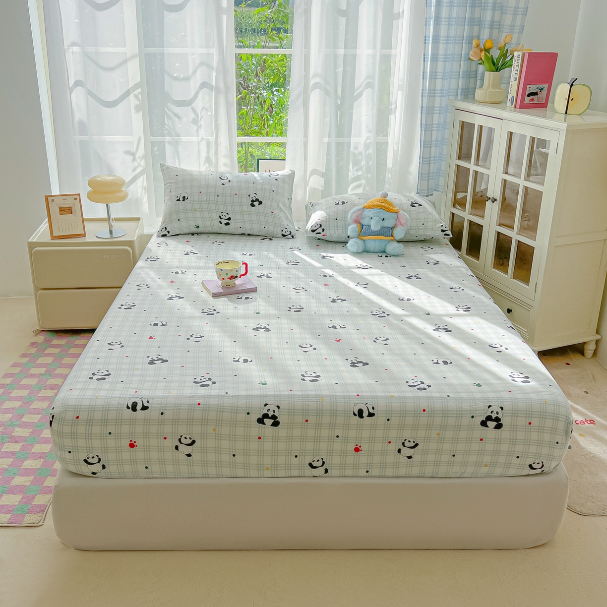 91家纺网 家纺一手货源 找家纺 韩巢家纺 2025新款卡通双层纱床笠单品床笠床笠单件热销款防滑床单床套枕套三件套 软软熊猫