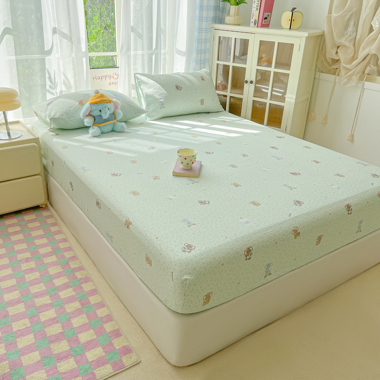 91家纺网 家纺一手货源 找家纺 韩巢家纺 2025新款卡通双层纱床笠单品床笠床笠单件热销款防滑床单床套枕套三件套 少女象