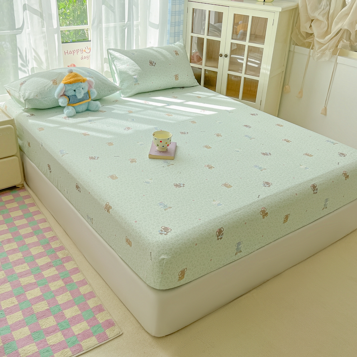 91家纺网 家纺一手货源 找家纺 韩巢家纺 2025新款卡通双层纱床笠单品床笠床笠单件热销款防滑床单床套枕套三件套 少女象