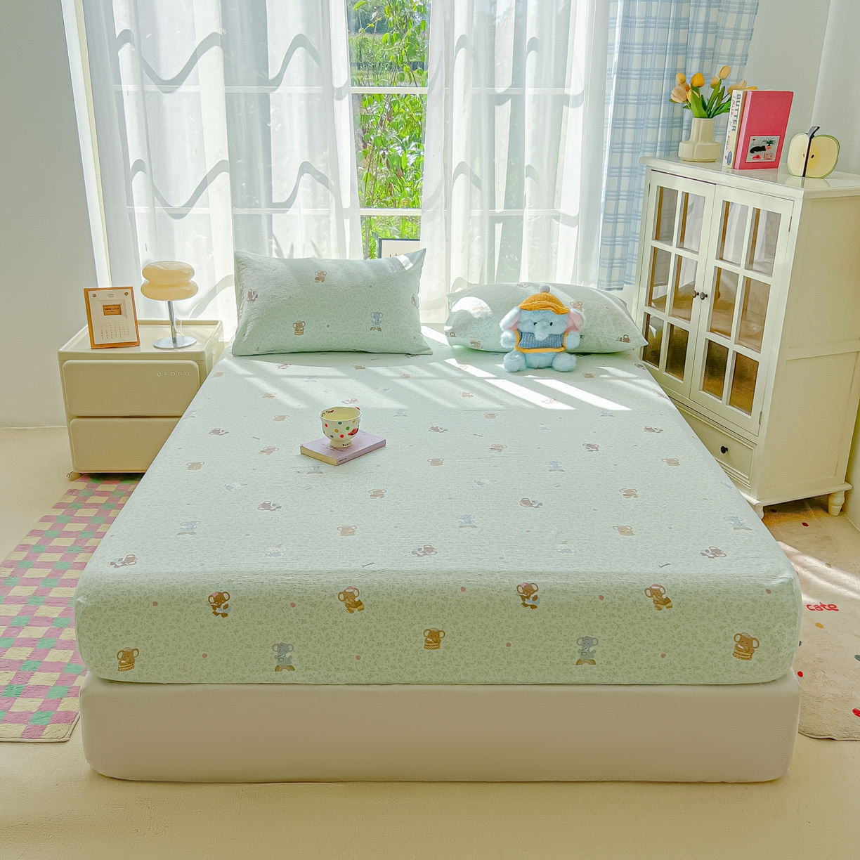 91家纺网 家纺一手货源 找家纺 韩巢家纺 2025新款卡通双层纱床笠单品床笠床笠单件热销款防滑床单床套枕套三件套 少女象