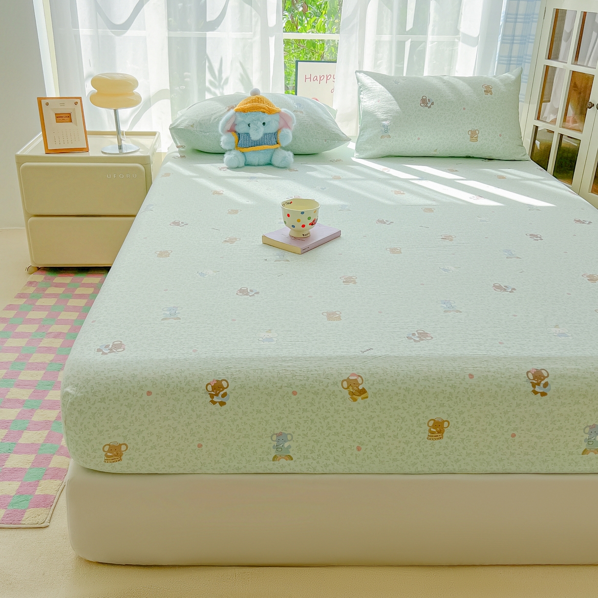 91家纺网 家纺一手货源 找家纺 韩巢家纺 2025新款卡通双层纱床笠单品床笠床笠单件热销款防滑床单床套枕套三件套 少女象