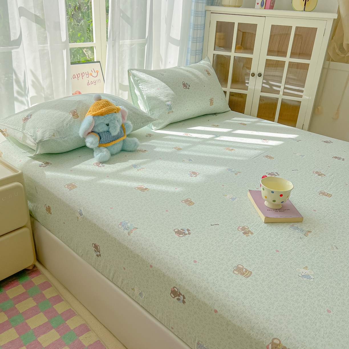 91家纺网 家纺一手货源 找家纺 韩巢家纺 2025新款卡通双层纱床笠单品床笠床笠单件热销款防滑床单床套枕套三件套 少女象