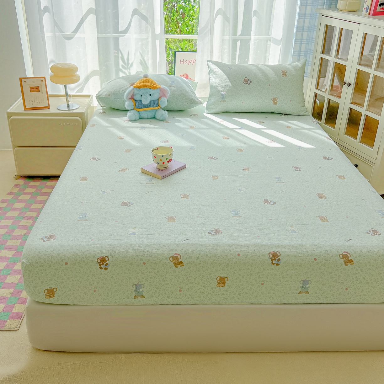 91家纺网 家纺一手货源 找家纺 韩巢家纺 2025新款卡通双层纱床笠单品床笠床笠单件热销款防滑床单床套枕套三件套 少女象