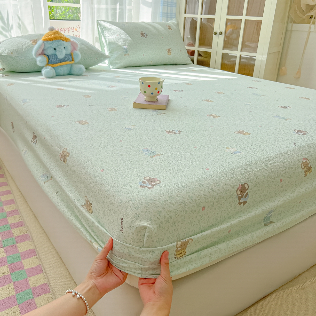 91家纺网 家纺一手货源 找家纺 韩巢家纺 2025新款卡通双层纱床笠单品床笠床笠单件热销款防滑床单床套枕套三件套 少女象