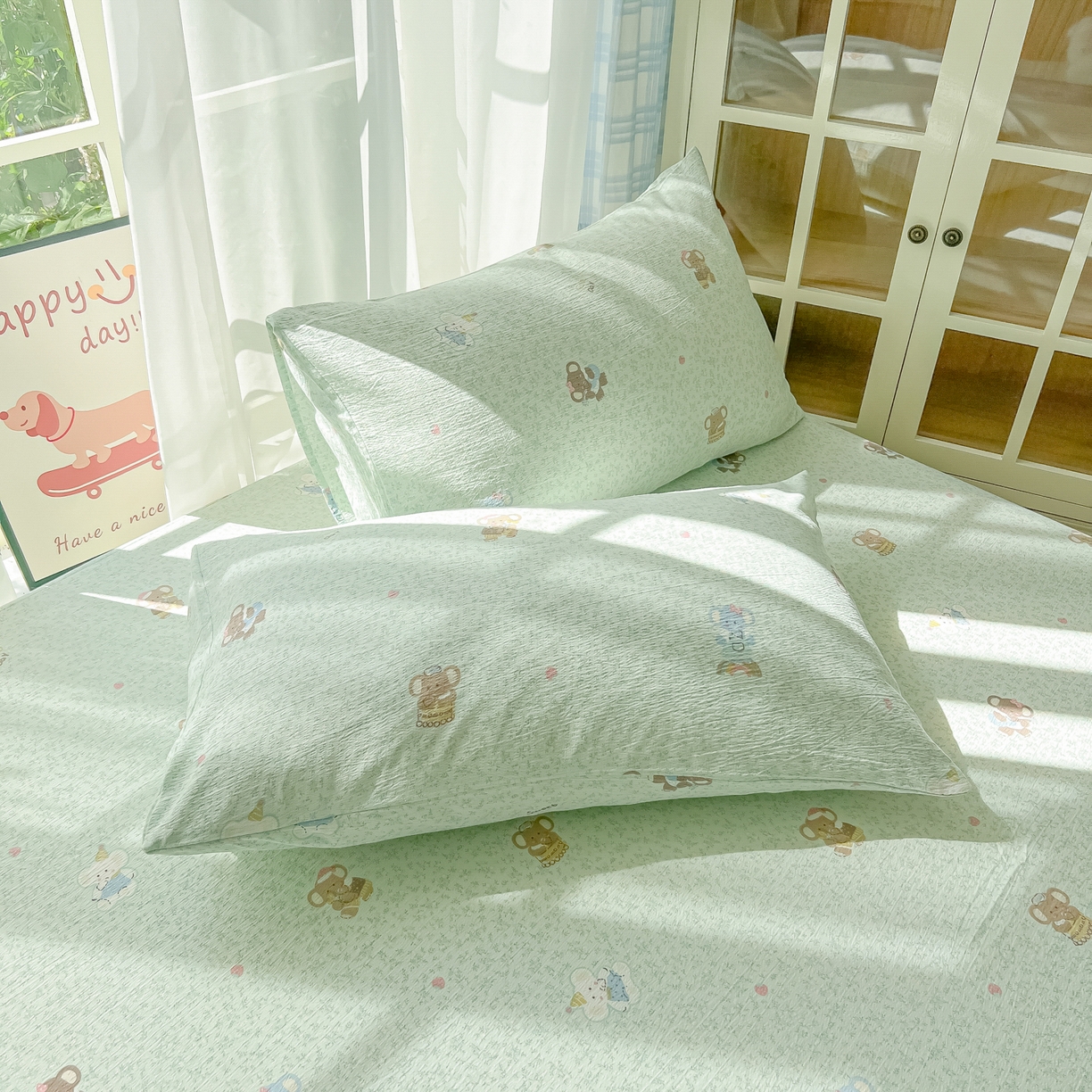 91家纺网 家纺一手货源 找家纺 韩巢家纺 2025新款卡通双层纱床笠单品床笠床笠单件热销款防滑床单床套枕套三件套 少女象