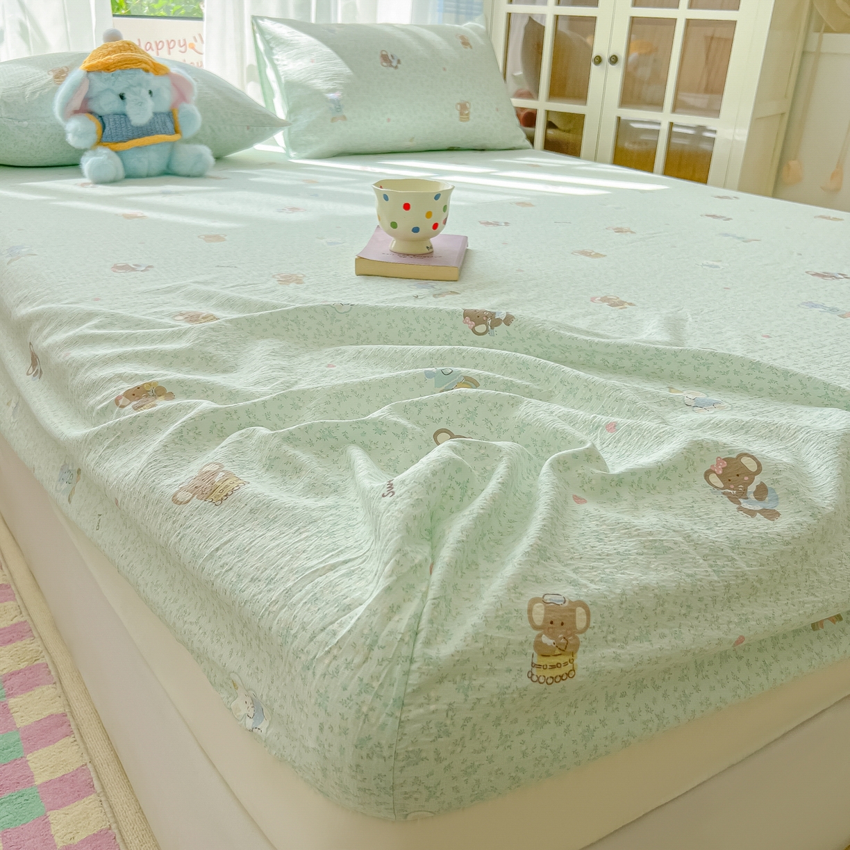 91家纺网 家纺一手货源 找家纺 韩巢家纺 2025新款卡通双层纱床笠单品床笠床笠单件热销款防滑床单床套枕套三件套 少女象