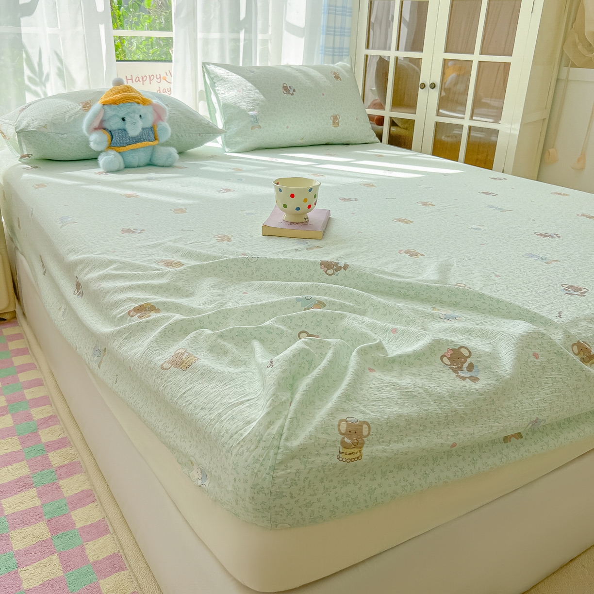 91家纺网 家纺一手货源 找家纺 韩巢家纺 2025新款卡通双层纱床笠单品床笠床笠单件热销款防滑床单床套枕套三件套 少女象