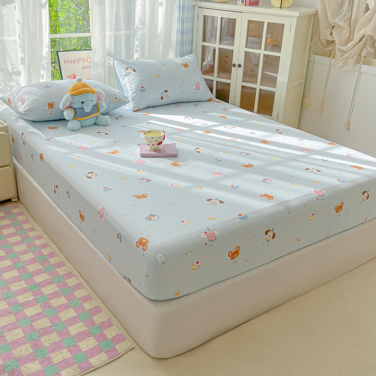 91家纺网 家纺一手货源 找家纺 韩巢家纺 2025新款卡通双层纱床笠单品床笠床笠单件热销款防滑床单床套枕套三件套 生日宴会兰