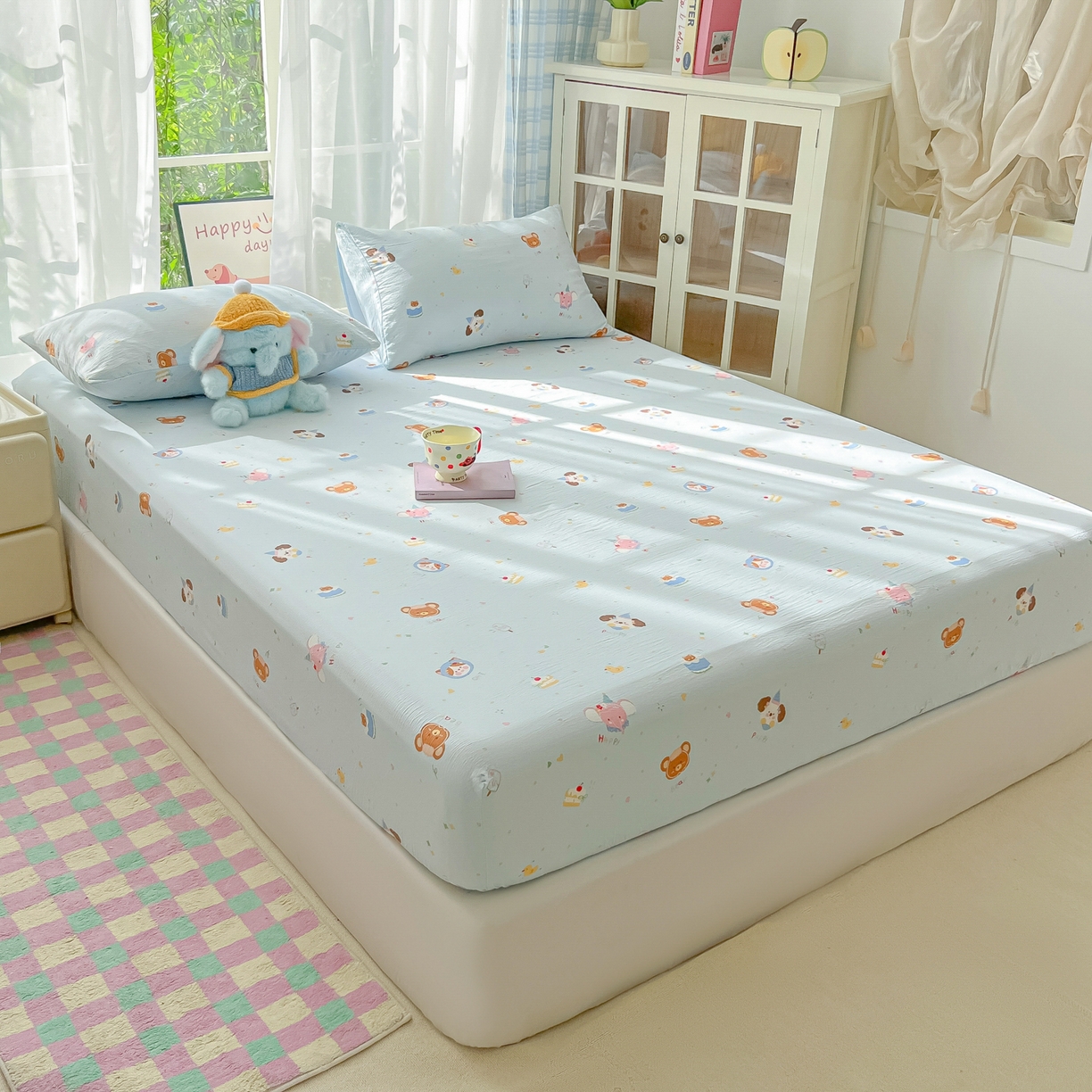 91家纺网 家纺一手货源 找家纺 韩巢家纺 2025新款卡通双层纱床笠单品床笠床笠单件热销款防滑床单床套枕套三件套 生日宴会兰