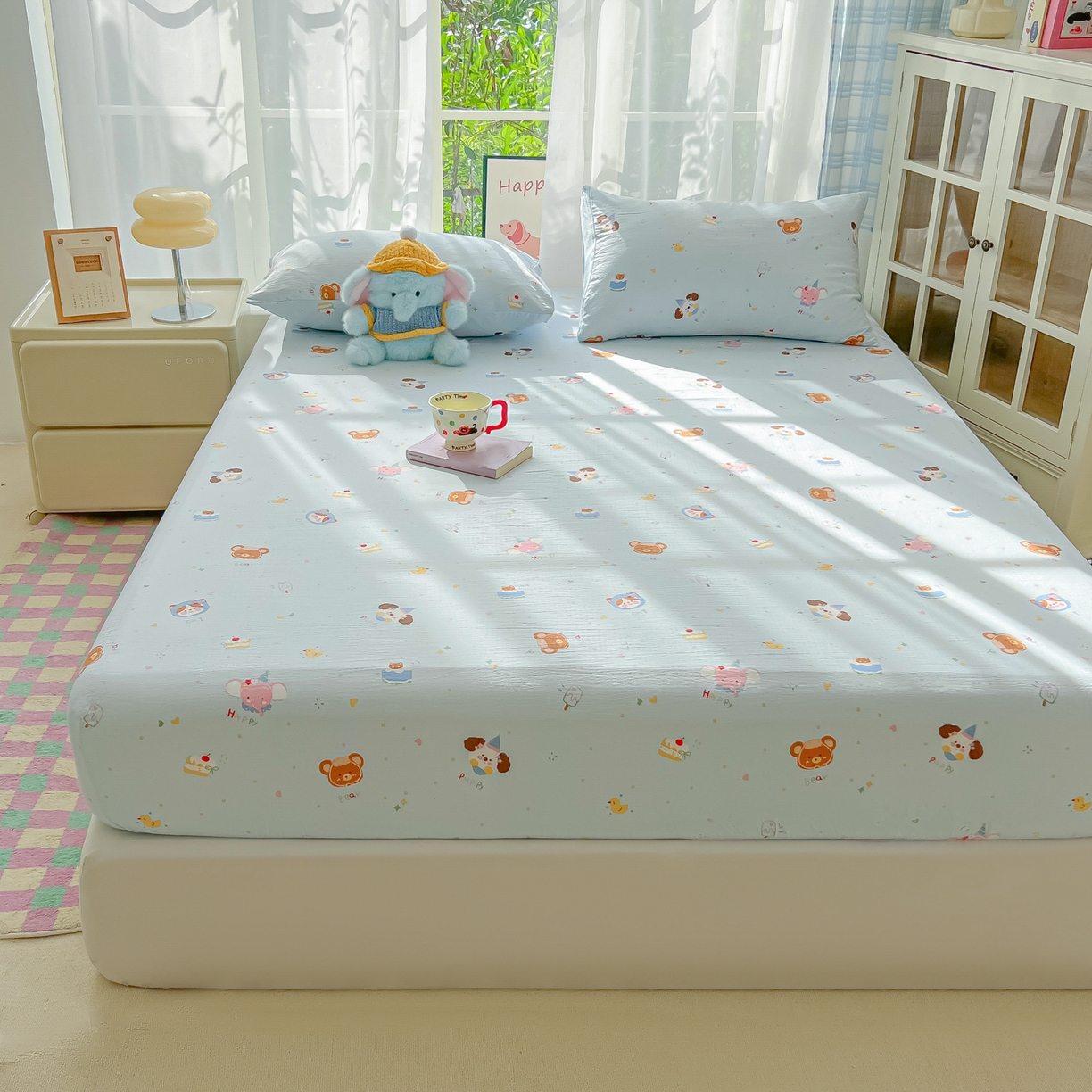 91家纺网 家纺一手货源 找家纺 韩巢家纺 2025新款卡通双层纱床笠单品床笠床笠单件热销款防滑床单床套枕套三件套 生日宴会兰