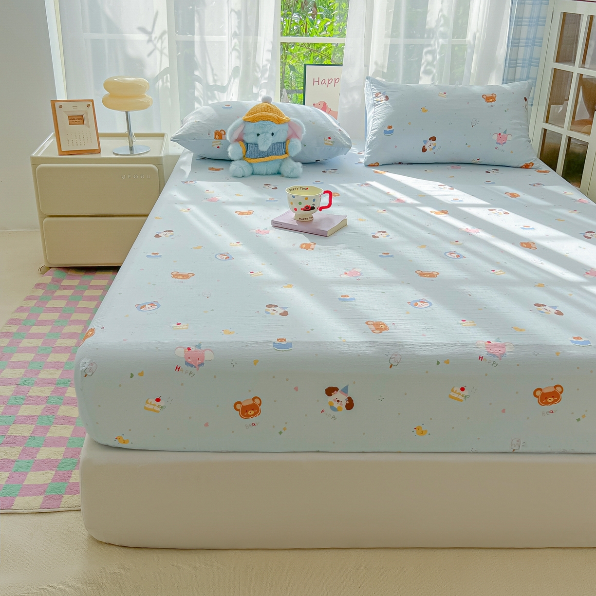 91家纺网 家纺一手货源 找家纺 韩巢家纺 2025新款卡通双层纱床笠单品床笠床笠单件热销款防滑床单床套枕套三件套 生日宴会兰