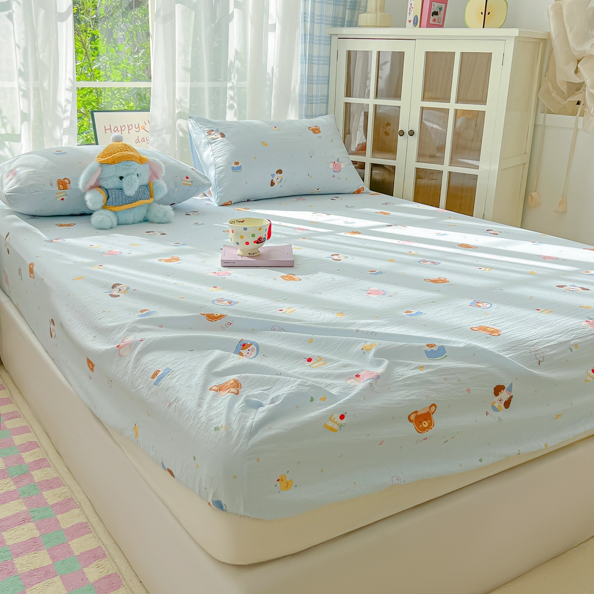 91家纺网 家纺一手货源 找家纺 韩巢家纺 2025新款卡通双层纱床笠单品床笠床笠单件热销款防滑床单床套枕套三件套 生日宴会兰