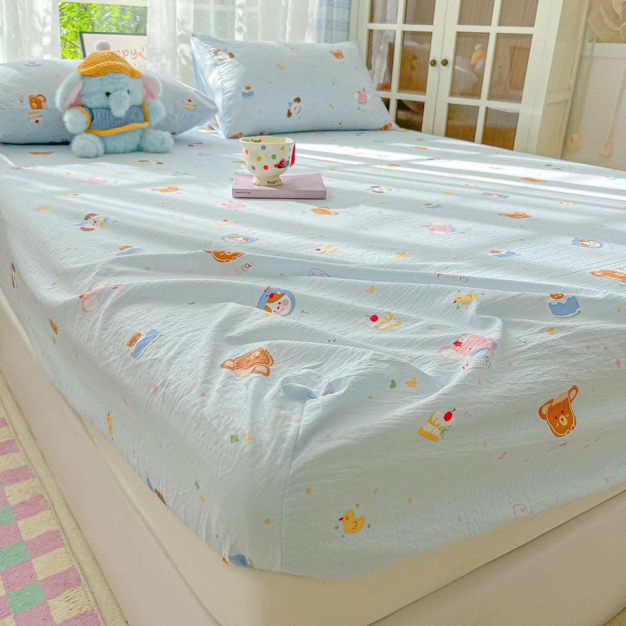 91家纺网 家纺一手货源 找家纺 韩巢家纺 2025新款卡通双层纱床笠单品床笠床笠单件热销款防滑床单床套枕套三件套 生日宴会兰