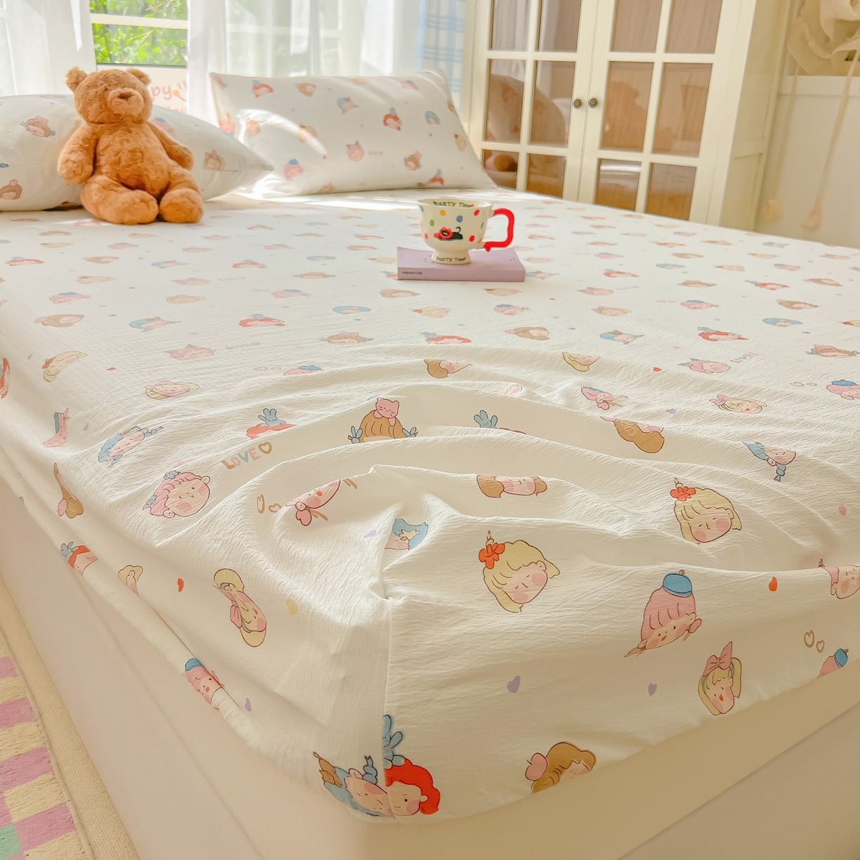 91家纺网 家纺一手货源 找家纺 韩巢家纺 2025新款卡通双层纱床笠单品床笠床笠单件热销款防滑床单床套枕套三件套 童话女孩