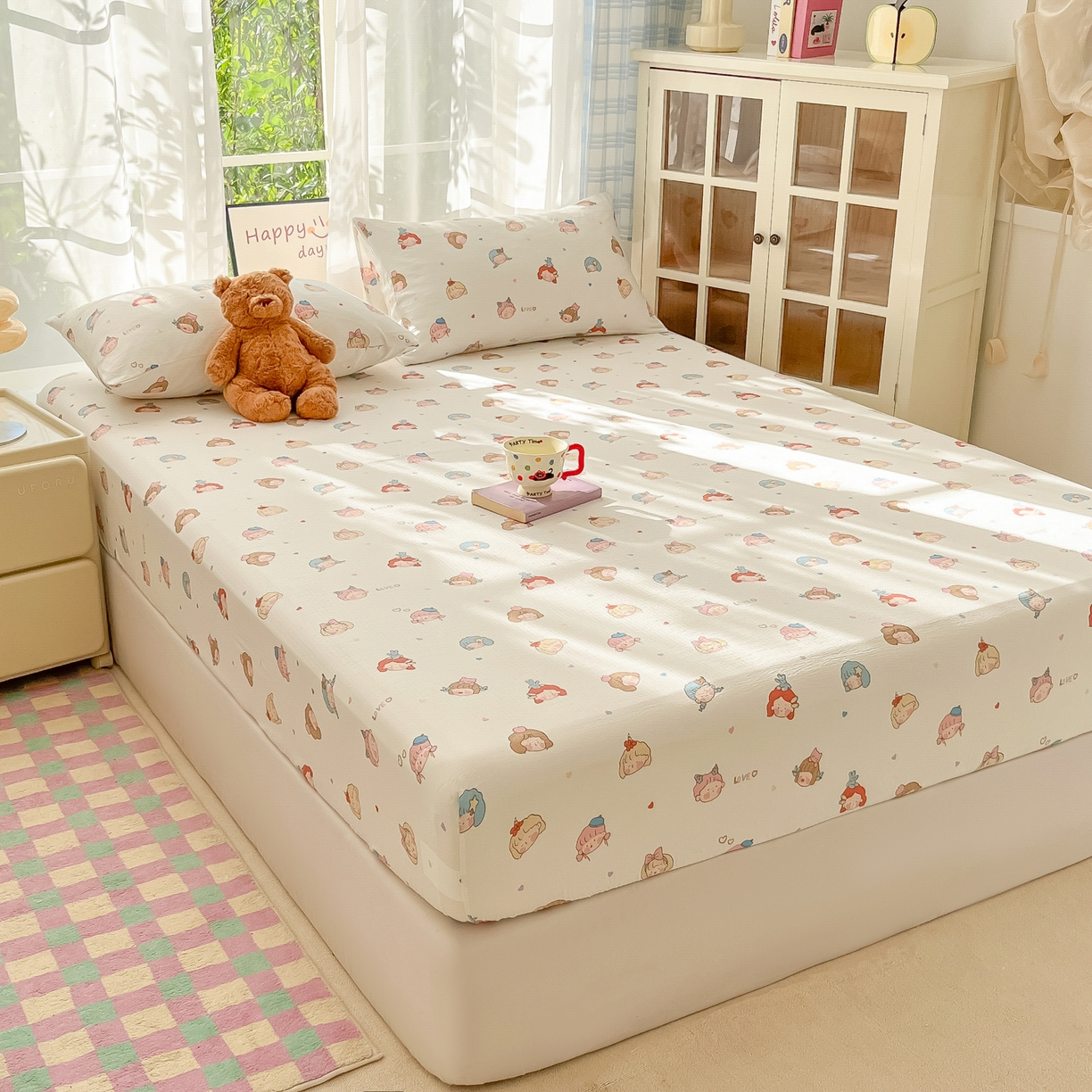 91家纺网 家纺一手货源 找家纺 韩巢家纺 2025新款卡通双层纱床笠单品床笠床笠单件热销款防滑床单床套枕套三件套 童话女孩