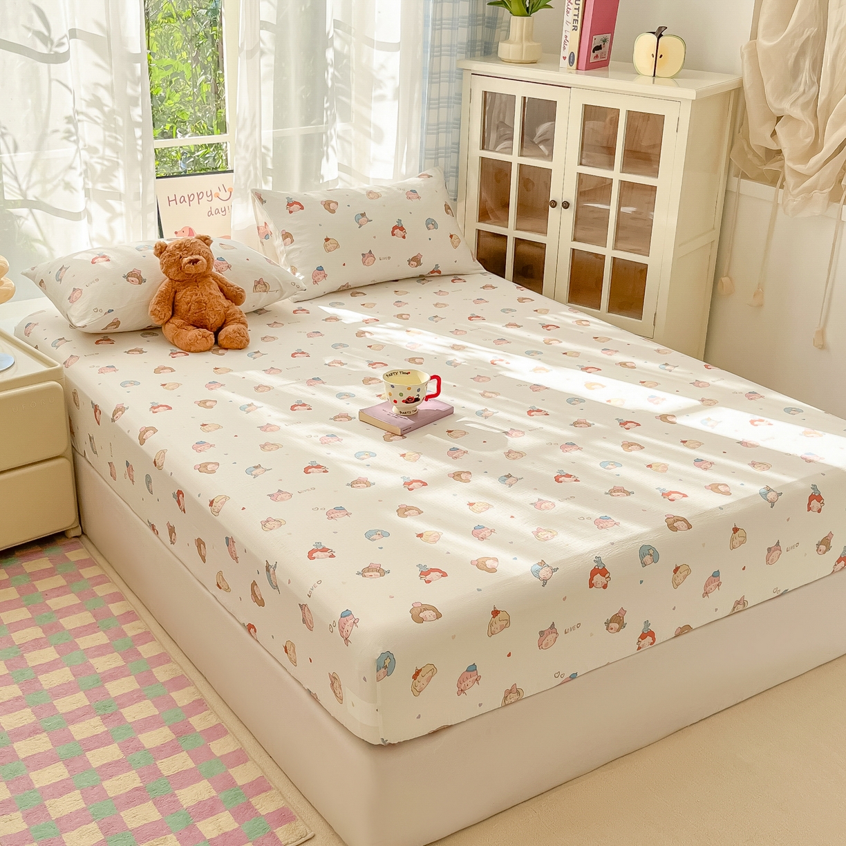 91家纺网 家纺一手货源 找家纺 韩巢家纺 2025新款卡通双层纱床笠单品床笠床笠单件热销款防滑床单床套枕套三件套 童话女孩