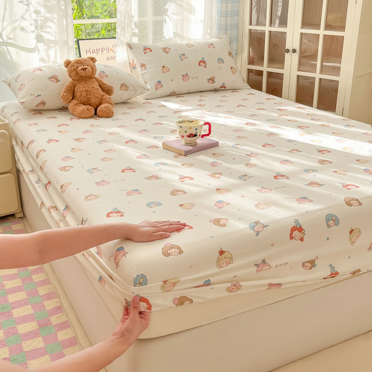 91家纺网 家纺一手货源 找家纺 韩巢家纺 2025新款卡通双层纱床笠单品床笠床笠单件热销款防滑床单床套枕套三件套 童话女孩