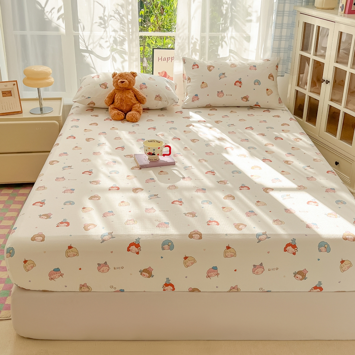 91家纺网 家纺一手货源 找家纺 韩巢家纺 2025新款卡通双层纱床笠单品床笠床笠单件热销款防滑床单床套枕套三件套 童话女孩