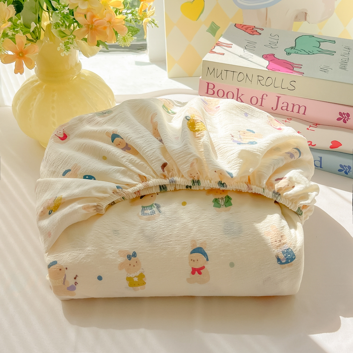 韩巢家纺 2025新款卡通双层纱床笠单品床笠床笠单件热销款防滑床单床套枕套三件套 兔子集合