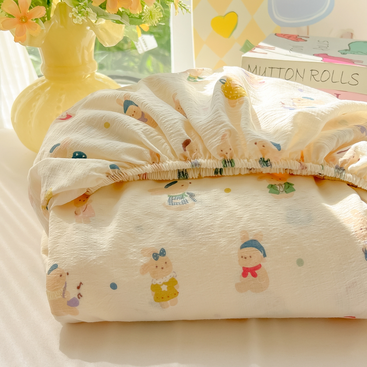 91家纺网 家纺一手货源 找家纺 韩巢家纺 2025新款卡通双层纱床笠单品床笠床笠单件热销款防滑床单床套枕套三件套 兔子集合