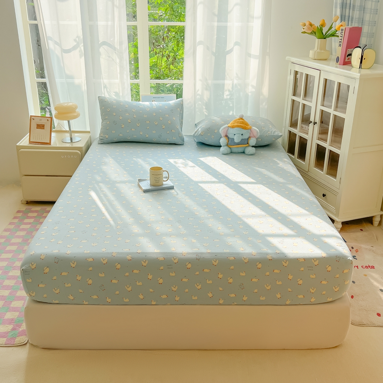 91家纺网 家纺一手货源 找家纺 韩巢家纺 2025新款卡通双层纱床笠单品床笠床笠单件热销款防滑床单床套枕套三件套 向天歌大鹅