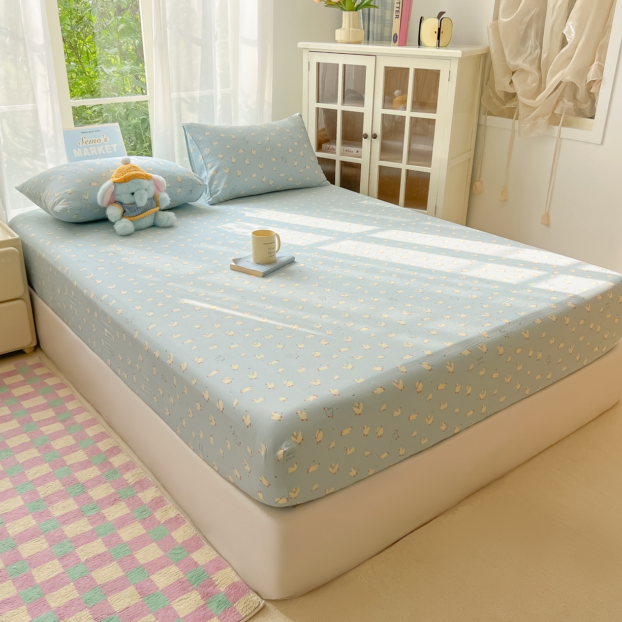 91家纺网 家纺一手货源 找家纺 韩巢家纺 2025新款卡通双层纱床笠单品床笠床笠单件热销款防滑床单床套枕套三件套 向天歌大鹅