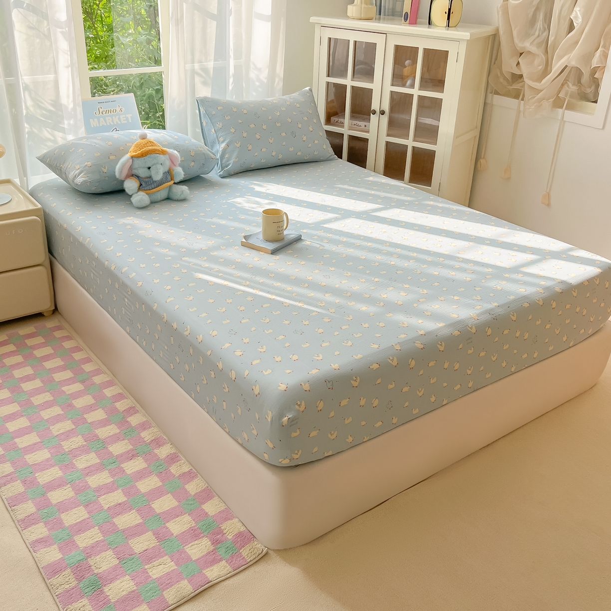 91家纺网 家纺一手货源 找家纺 韩巢家纺 2025新款卡通双层纱床笠单品床笠床笠单件热销款防滑床单床套枕套三件套 向天歌大鹅