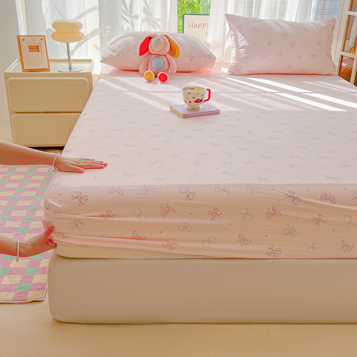 91家纺网 家纺一手货源 找家纺 韩巢家纺 2025新款卡通双层纱床笠单品床笠床笠单件热销款防滑床单床套枕套三件套 心愿