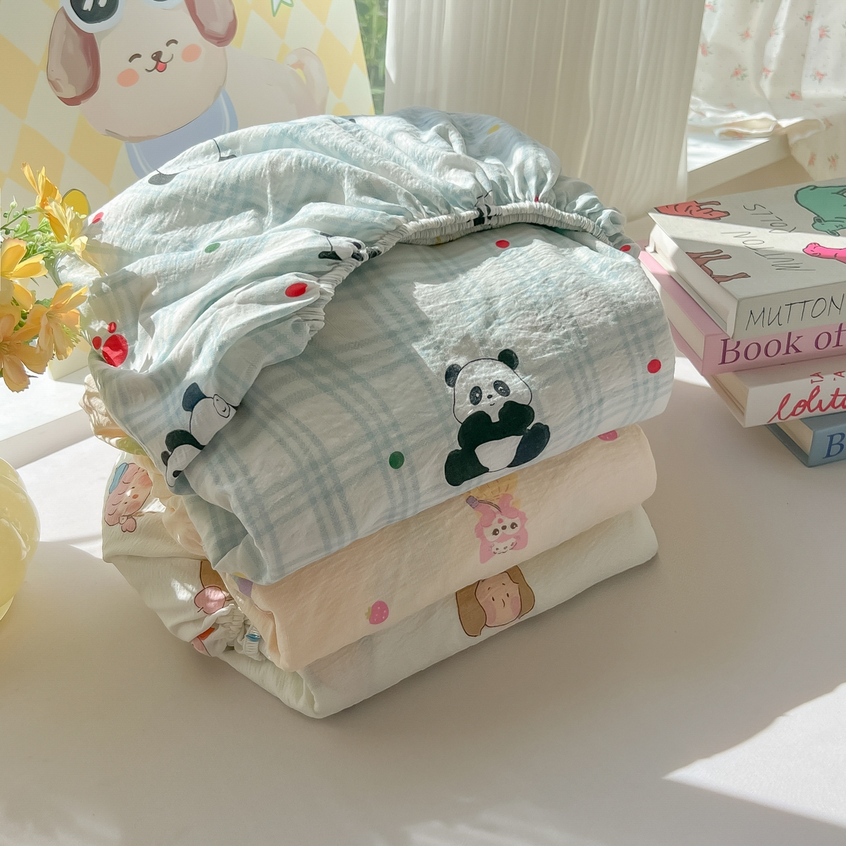 91家纺网 家纺一手货源 找家纺 韩巢家纺 2025新款卡通双层纱床笠单品床笠床笠单件热销款防滑床单床套枕套三件套 组合图仅做展示