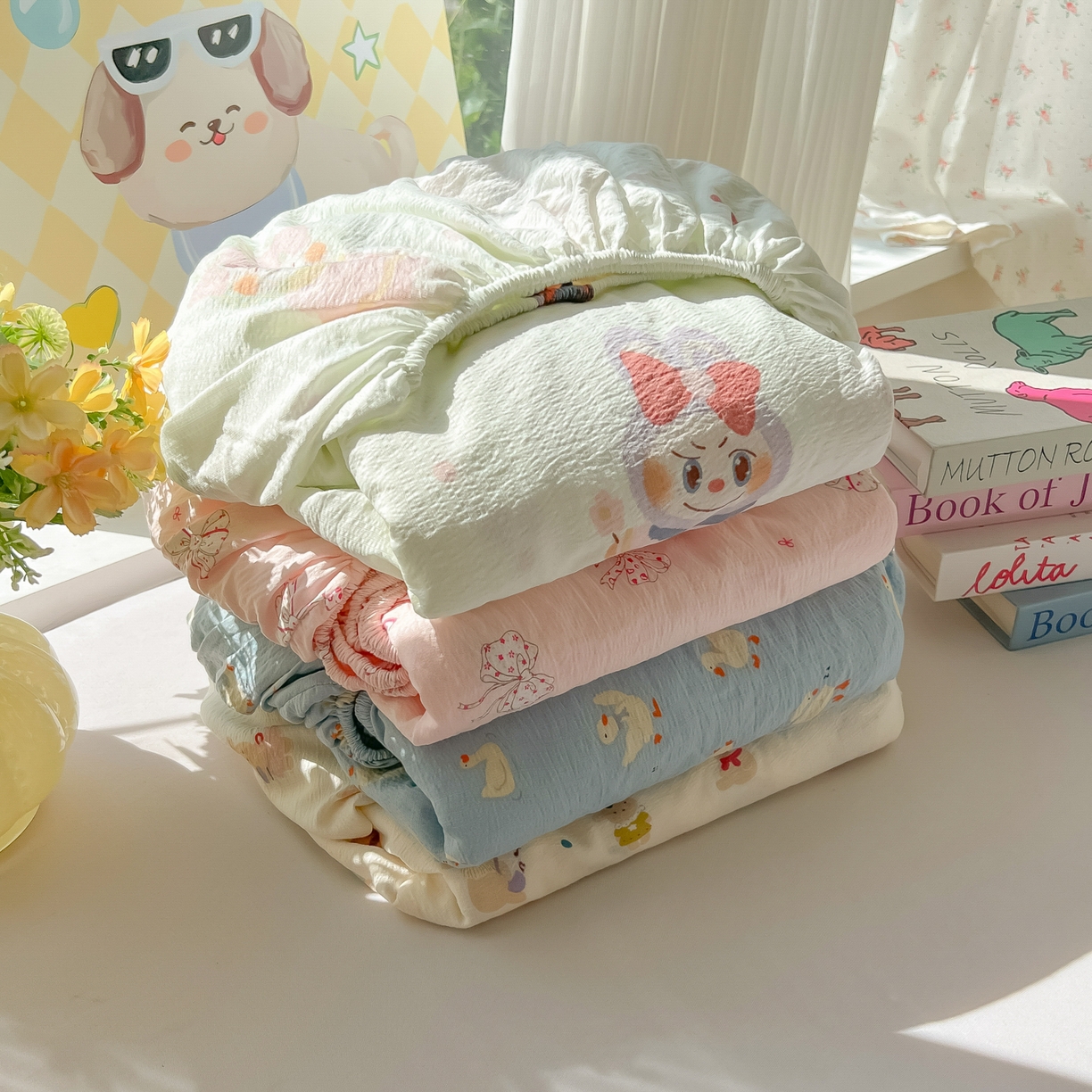91家纺网 家纺一手货源 找家纺 韩巢家纺 2025新款卡通双层纱床笠单品床笠床笠单件热销款防滑床单床套枕套三件套 组合图仅做展示