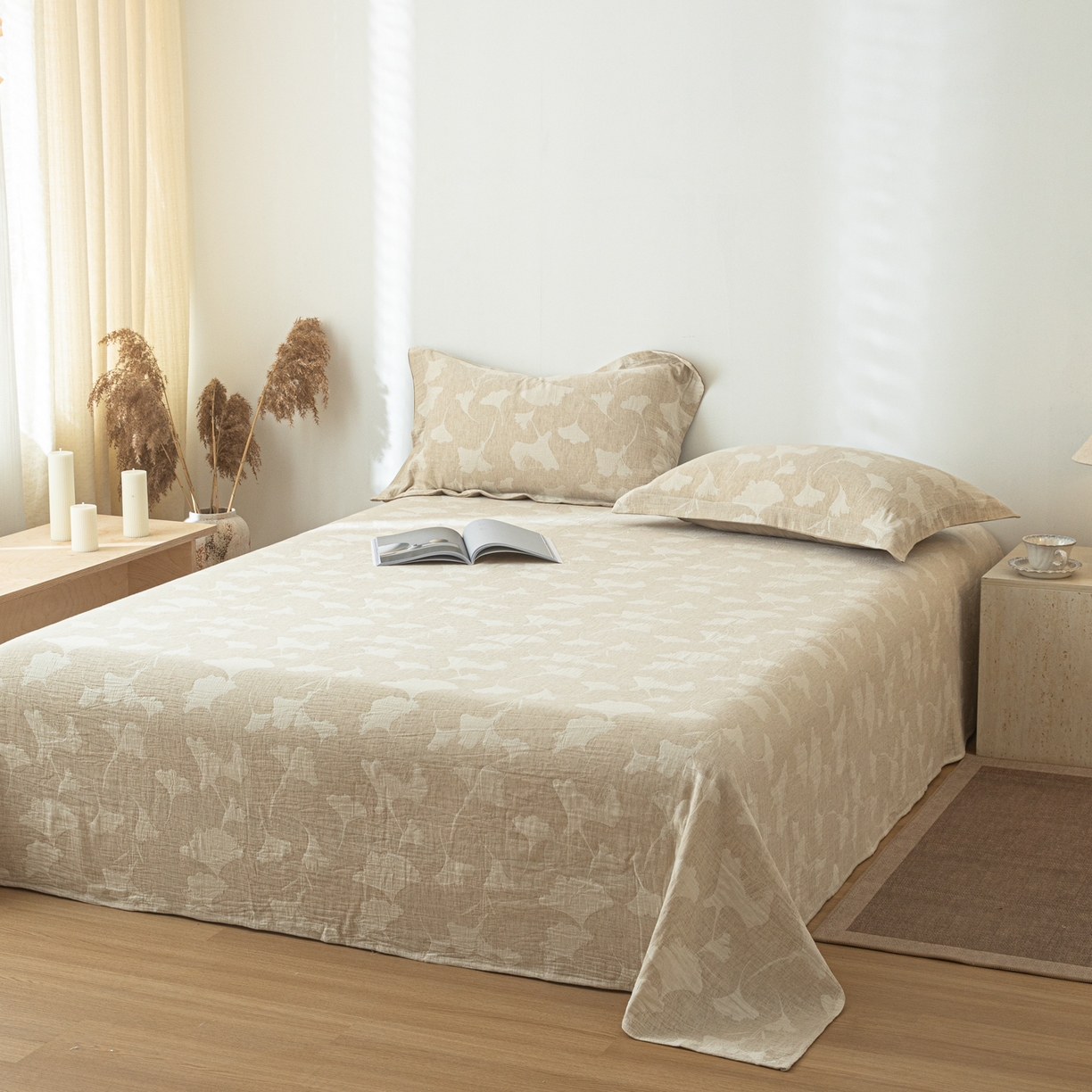 91家纺网 家纺一手货源 找家纺 眠博士 2025新款A类棉麻提花床单单床单床单单件 棉麻床单-银杏叶