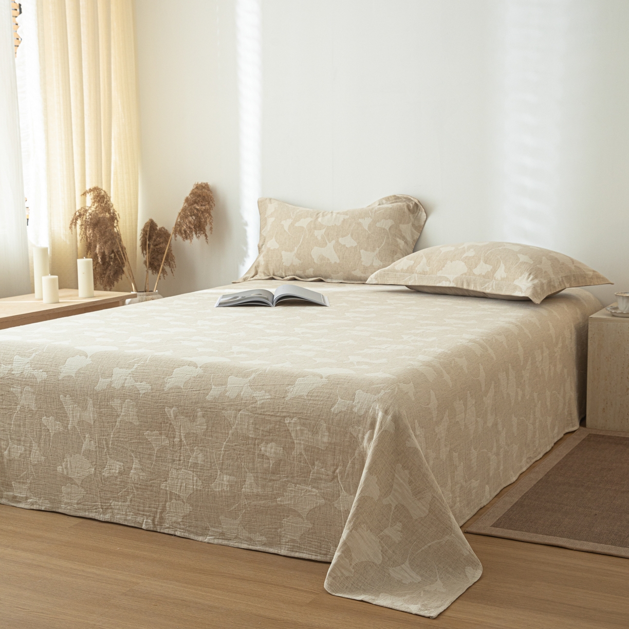 91家纺网 家纺一手货源 找家纺 眠博士 2025新款A类棉麻提花床单单床单床单单件 棉麻床单-银杏叶