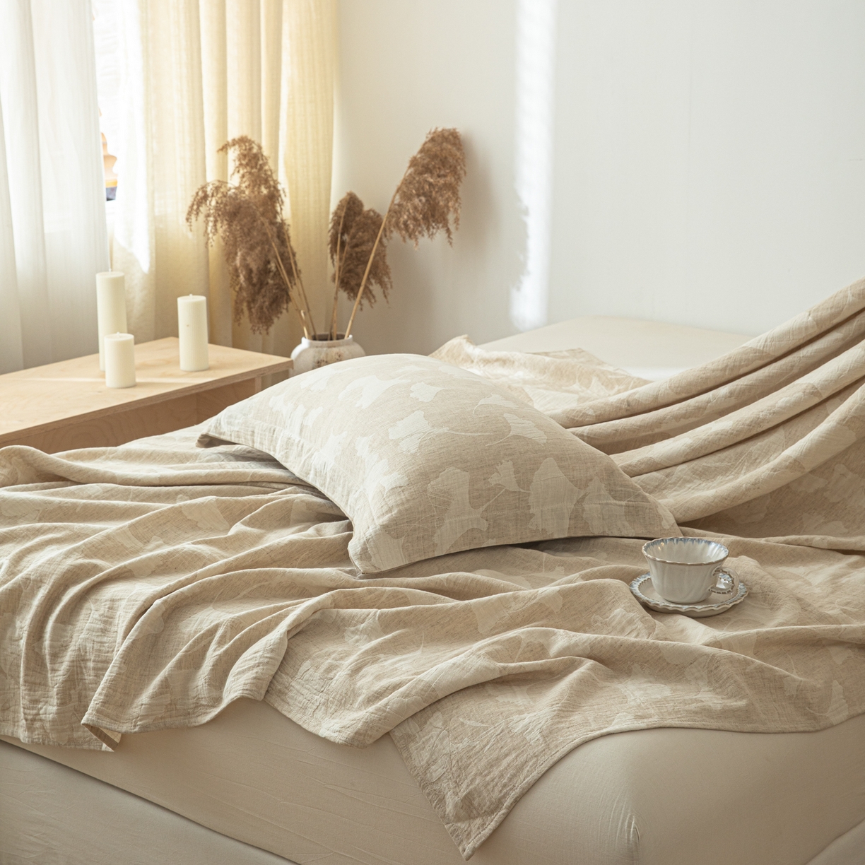 91家纺网 家纺一手货源 找家纺 眠博士 2025新款A类棉麻提花床单单床单床单单件 棉麻床单-银杏叶