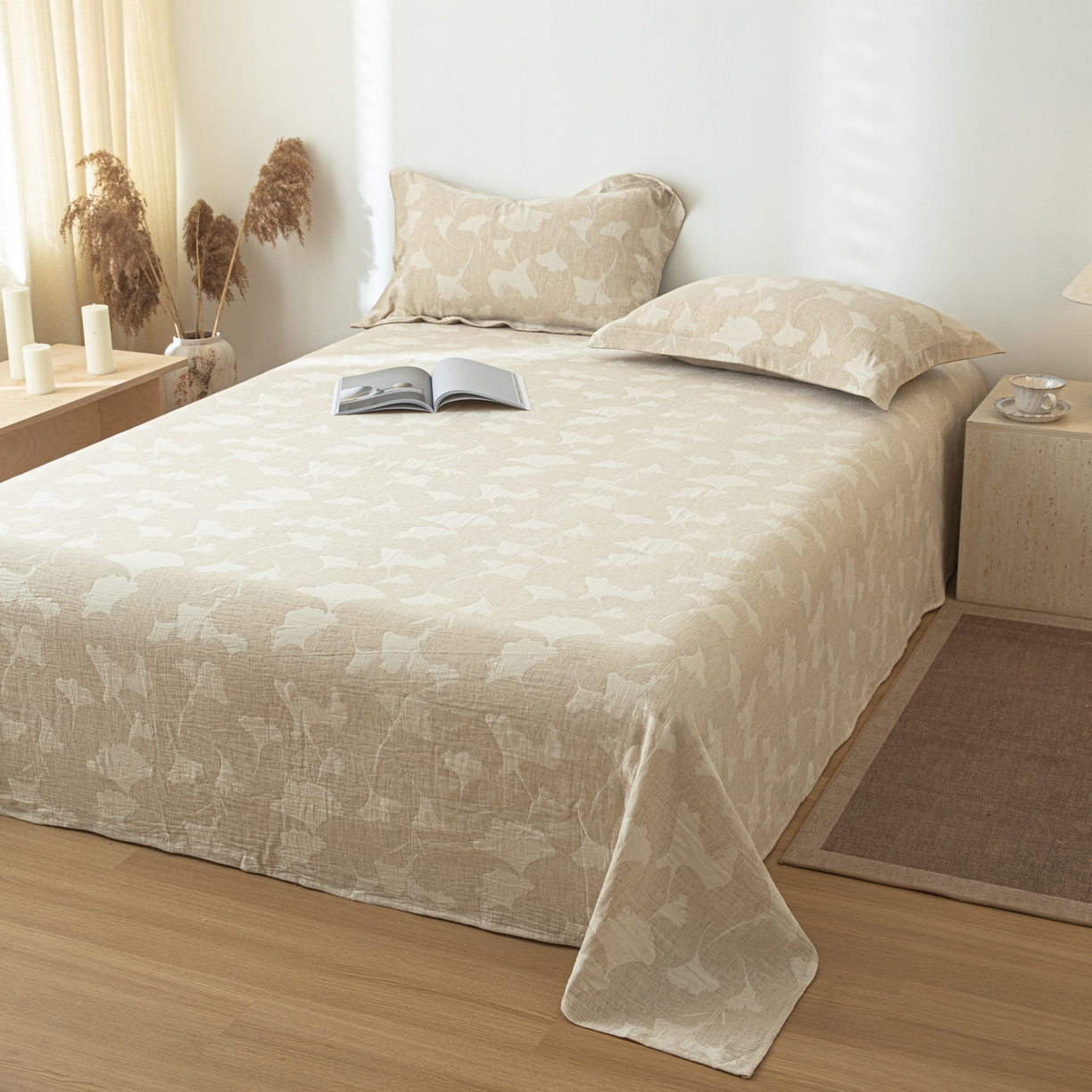 91家纺网 家纺一手货源 找家纺 眠博士 2025新款A类棉麻提花床单单床单床单单件 棉麻床单-银杏叶