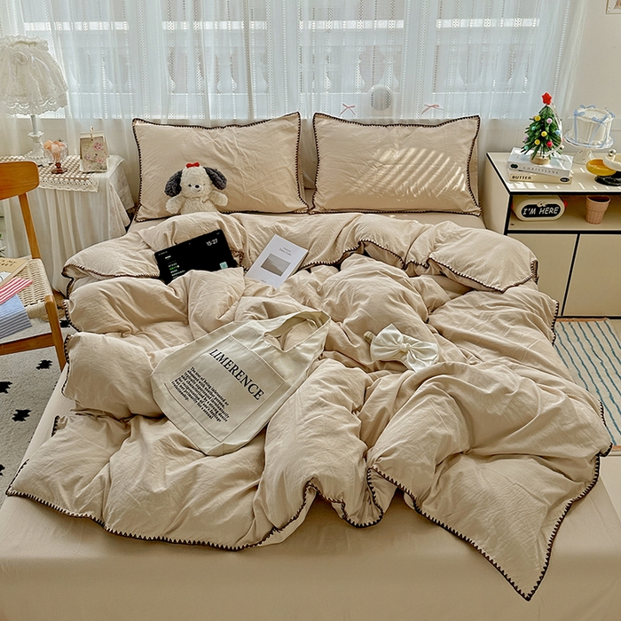 91家纺网 家纺一手货源 找家纺 繁花家居 2025新款高克重云朵棉贝壳边系列四件套 绵绵-茶棕