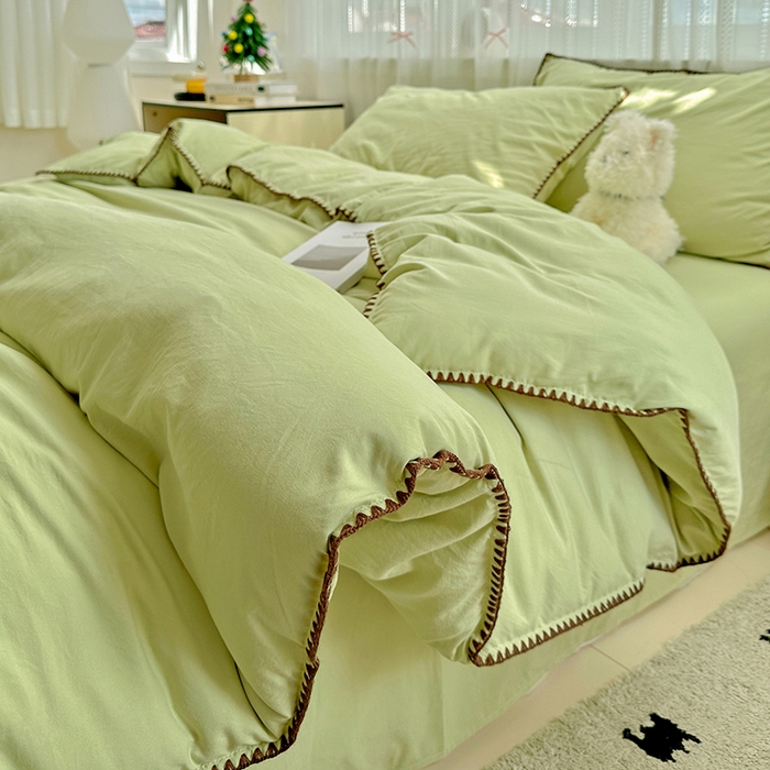 91家纺网 家纺一手货源 找家纺 繁花家居 2025新款高克重云朵棉贝壳边系列四件套 绵绵-豆绿