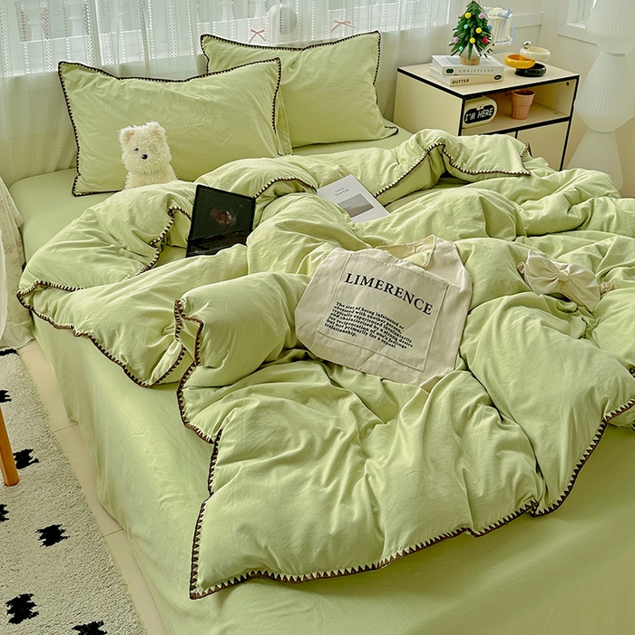 91家纺网 家纺一手货源 找家纺 繁花家居 2025新款高克重云朵棉贝壳边系列四件套 绵绵-豆绿