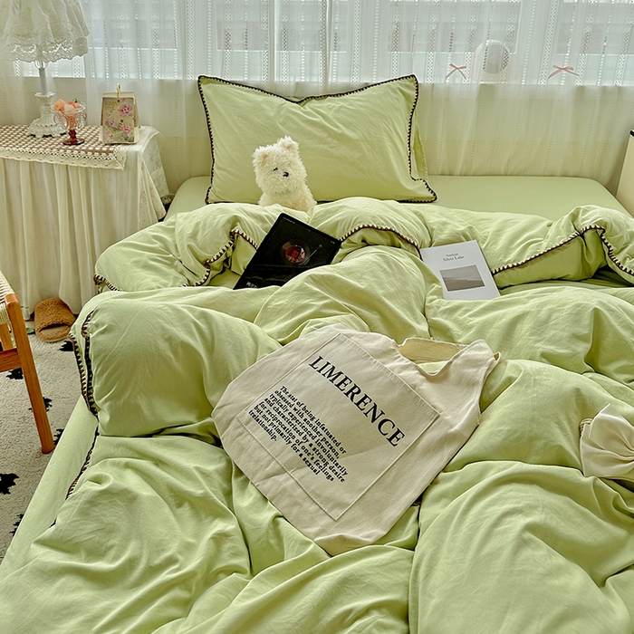 91家纺网 家纺一手货源 找家纺 繁花家居 2025新款高克重云朵棉贝壳边系列四件套 绵绵-豆绿
