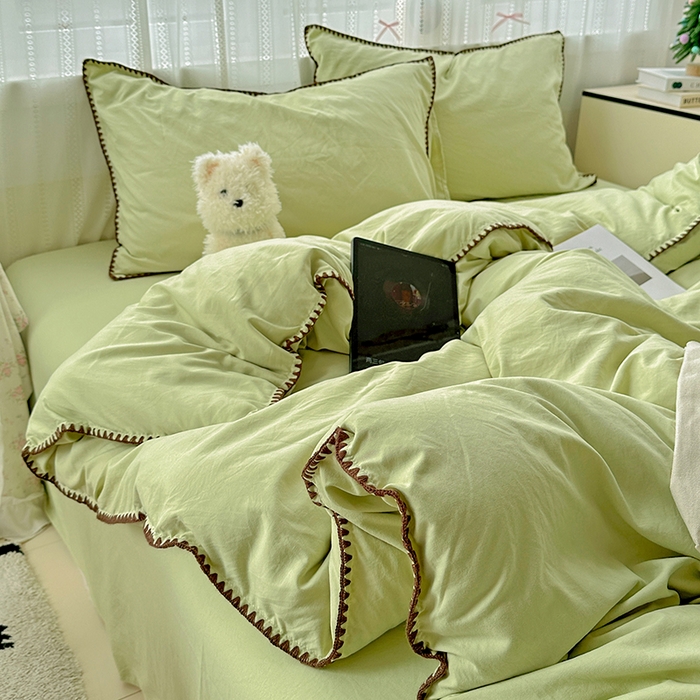 91家纺网 家纺一手货源 找家纺 繁花家居 2025新款高克重云朵棉贝壳边系列四件套 绵绵-豆绿