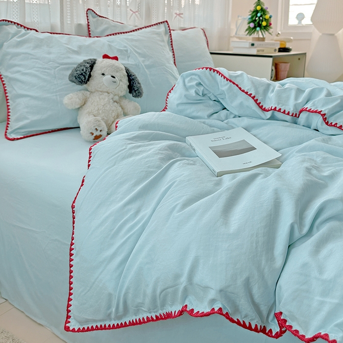 91家纺网 家纺一手货源 找家纺 繁花家居 2025新款高克重云朵棉贝壳边系列四件套 绵绵-浅蓝